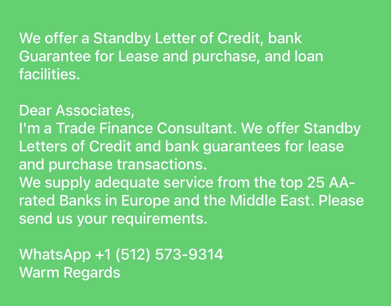 We offer Standby Letters of Credit and bank guarantees for lease and purchase transactions. SBLC/BG